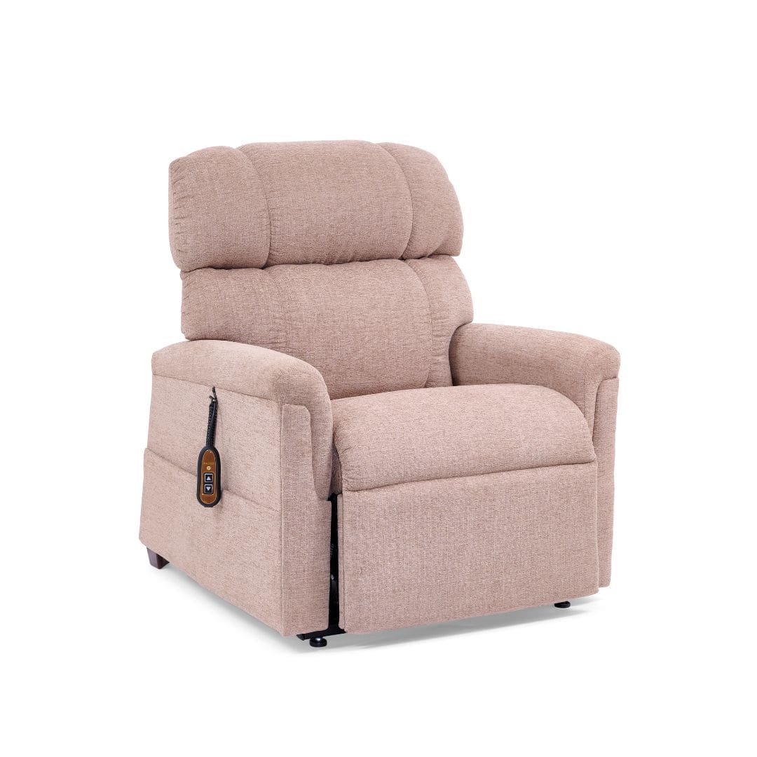 The Comforter Small Wide - Lift Chair by Golden Technologies features beige upholstery, plush cushioning, wide armrests, and an attached remote control for comfort and convenience. The Comforter Small Wide - Lift Chair by Golden Technologies features beige upholstery, plush cushioning, wide armrests, and an attached remote control for comfort and convenience.