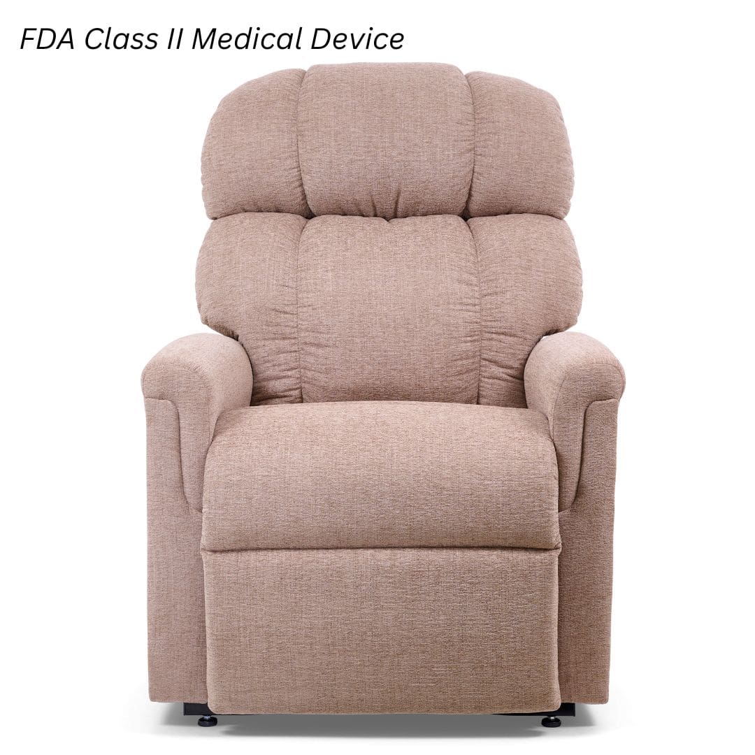 The Comforter Tall - Lift Chair by Golden Technologies, a beige plush power recliner, is shown against a white background. “FDA Class II Medical Device” appears in the top left corner. The Comforter Tall - Lift Chair by Golden Technologies, a beige plush power recliner, is shown against a white background. “FDA Class II Medical Device” appears in the top left corner.