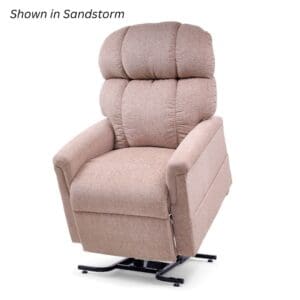 The Comforter Tall - Lift Chair by Golden Technologies features tan fabric, thick padded back and seat cushions, and a black metal lift base. Text in the corner reads, Shown in Sandstorm.
