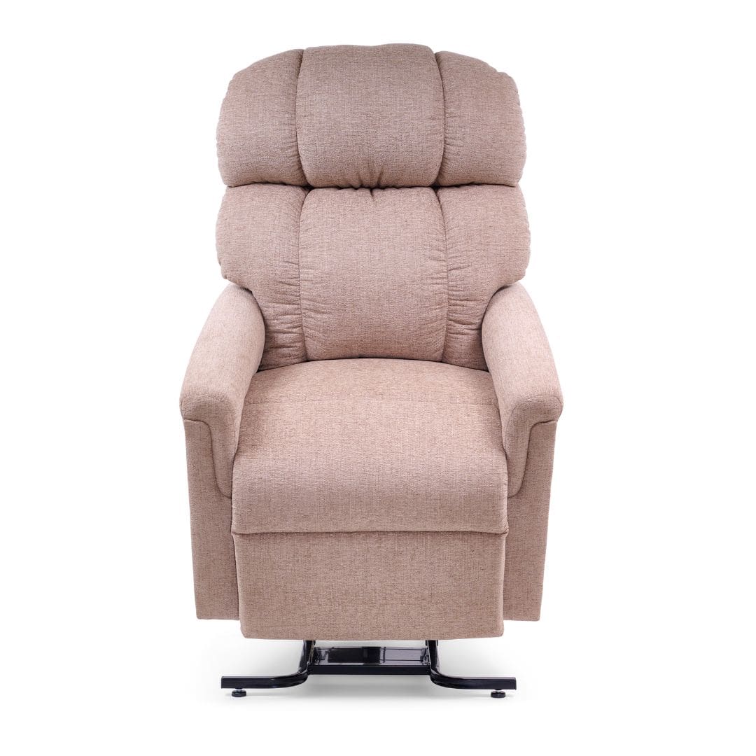 Front view of the Comforter Tall - Lift Chair by Golden Technologies in beige upholstery, featuring a padded backrest, armrests, extended footrest, and sturdy black metal base for support. Front view of the Comforter Tall - Lift Chair by Golden Technologies in beige upholstery, featuring a padded backrest, armrests, extended footrest, and sturdy black metal base for support.