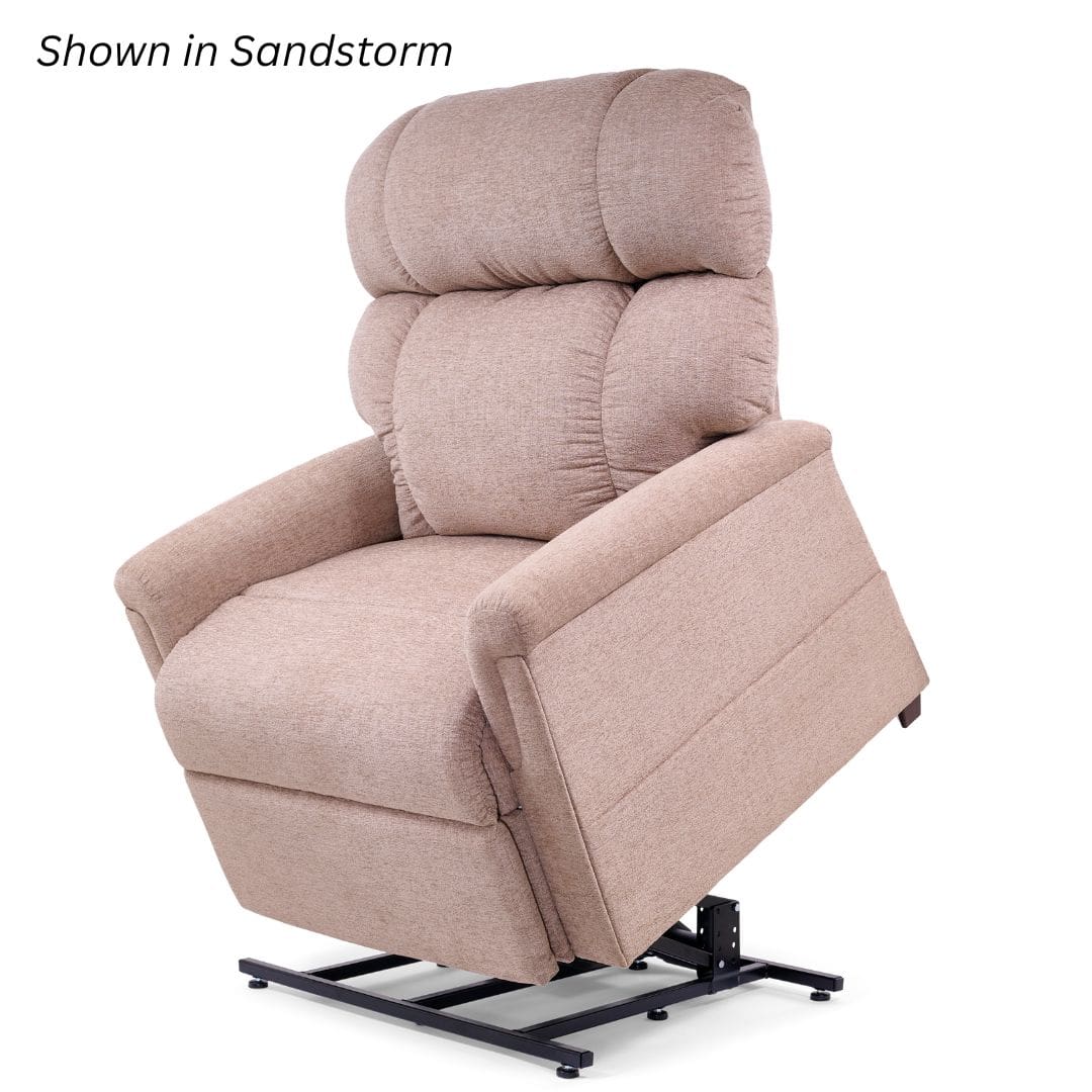 The Comforter Tall Wide Lift Chair by Golden Technologies, shown in Sandstorm fabric, is partially elevated to demonstrate its stand-assist feature for easier sitting and standing. The Comforter Tall Wide Lift Chair by Golden Technologies, shown in Sandstorm fabric, is partially elevated to demonstrate its stand-assist feature for easier sitting and standing.