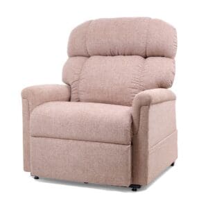 A plush, light brown Comforter Tall Wide Lift Chair by Golden Technologies features thick cushioned armrests, backrest, and seat, displayed against a white background.