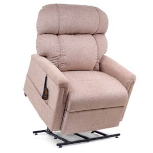 The Comforter Tall Wide - Lift Chair by Golden Technologies is a beige recliner with padded armrests and backrest, elevated on a metal base, and includes a side-attached remote control for easy position adjustments.