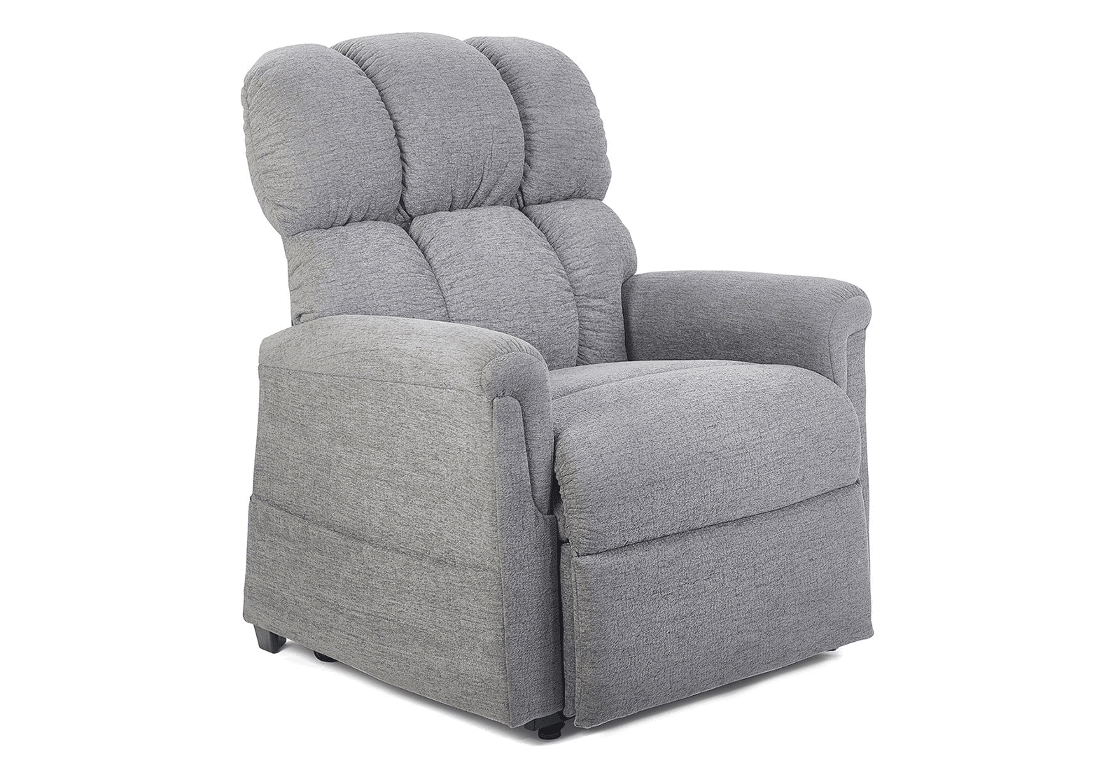 A plush, light gray Comforter with MaxiComfort Large Lift Chair by Golden Technologies features a thick cushioned back, wide padded arms, and soft fabric upholstery, displayed on a white background. A plush, light gray Comforter with MaxiComfort Large Lift Chair by Golden Technologies features a thick cushioned back, wide padded arms, and soft fabric upholstery, displayed on a white background.