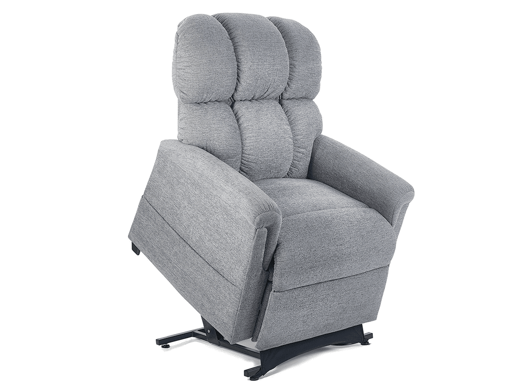 The Comforter with MaxiComfort Large Lift Chair by Golden Technologies, shown in gray upholstery with padded cushions and armrests, partially elevated on its metal lift base, offers multi-position support to assist users in standing. The Comforter with MaxiComfort Large Lift Chair by Golden Technologies, shown in gray upholstery with padded cushions and armrests, partially elevated on its metal lift base, offers multi-position support to assist users in standing.