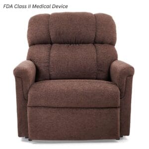 A brown, cushioned Comforter with MaxiComfort Large/Wide Lift Chair by Golden Technologies, featuring padded armrests and backrest. FDA Class II Medical Device text appears in the top left corner. Designed for comfort and support.
