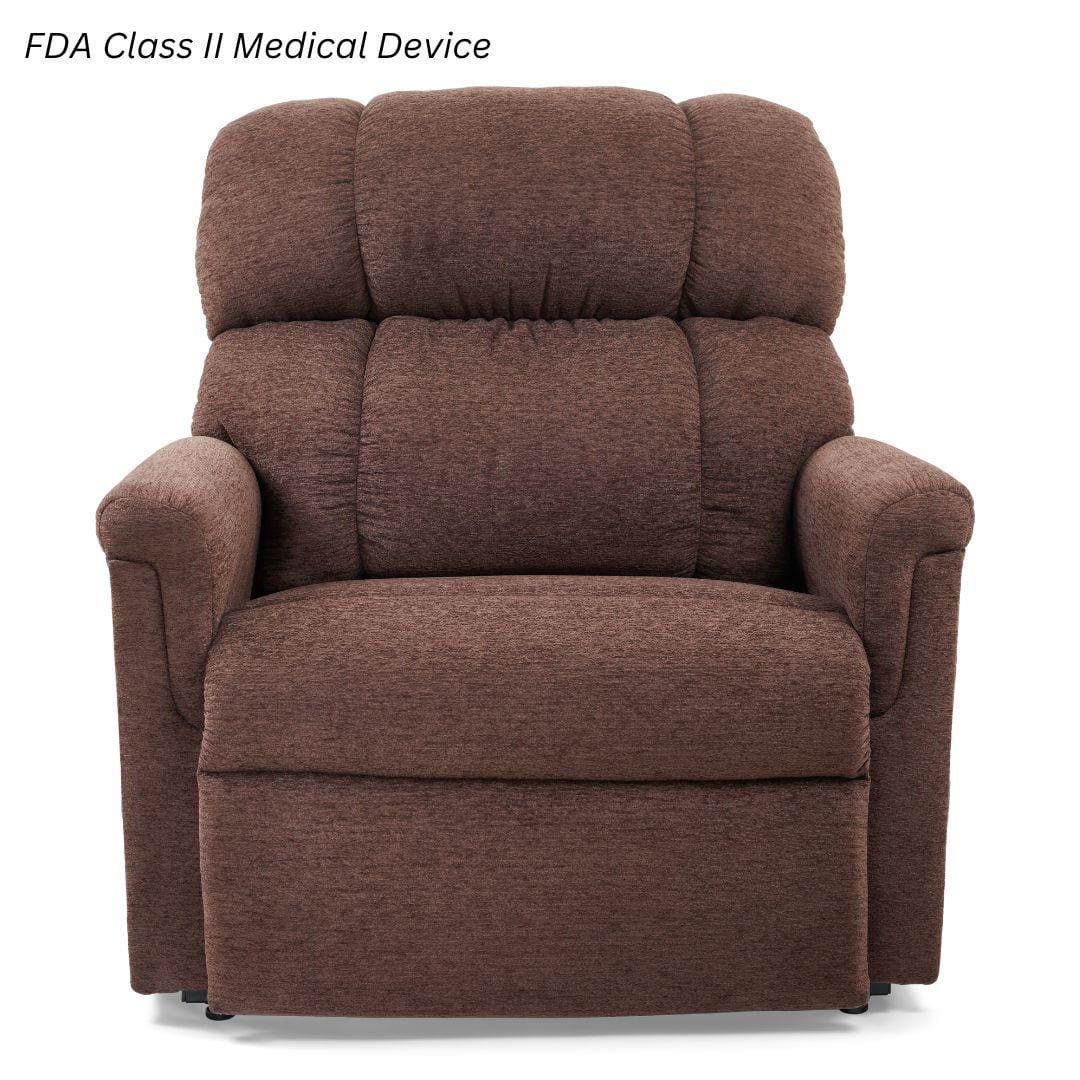 A brown, cushioned Comforter with MaxiComfort Large/Wide Lift Chair by Golden Technologies, featuring padded armrests and backrest. FDA Class II Medical Device text appears in the top left corner. Designed for comfort and support. A brown, cushioned Comforter with MaxiComfort Large/Wide Lift Chair by Golden Technologies, featuring padded armrests and backrest. FDA Class II Medical Device text appears in the top left corner. Designed for comfort and support.