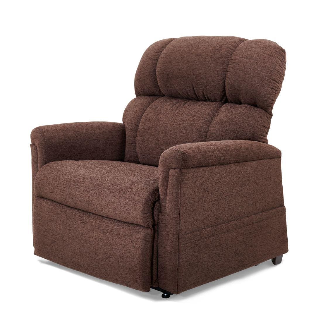 The Comforter with MaxiComfort Large/Wide Lift Chair by Golden Technologies is a plush brown upholstered recliner with thick cushioned backrest, seat, and arms, showcased against a plain white background. The Comforter with MaxiComfort Large/Wide Lift Chair by Golden Technologies is a plush brown upholstered recliner with thick cushioned backrest, seat, and arms, showcased against a plain white background.
