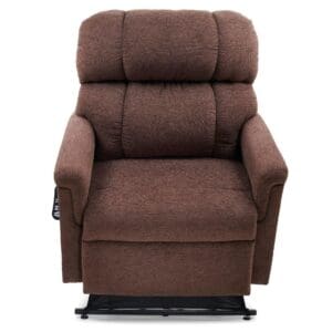 A plush brown Comforter with MaxiComfort Large/Wide Lift Chair by Golden Technologies is shown from the front, featuring padded armrests, a cushioned backrest, and a remote on the left armrest for easy personalized reclining.