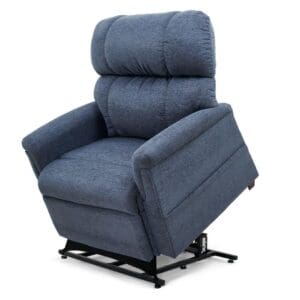 The Comforter with MaxiComfort Large/Wide - Lift Chair by Golden Technologies is a blue fabric-upholstered chair with padded armrests and backrest, featuring a black metal lift mechanism for easy movement and support.
