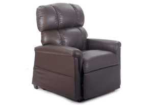 The Comforter with MaxiComfort Medium Lift Chair by Golden Technologies, in plush dark brown with padded armrests, high backrest, and visible stitching, delivers luxurious comfort and style against a plain white background.