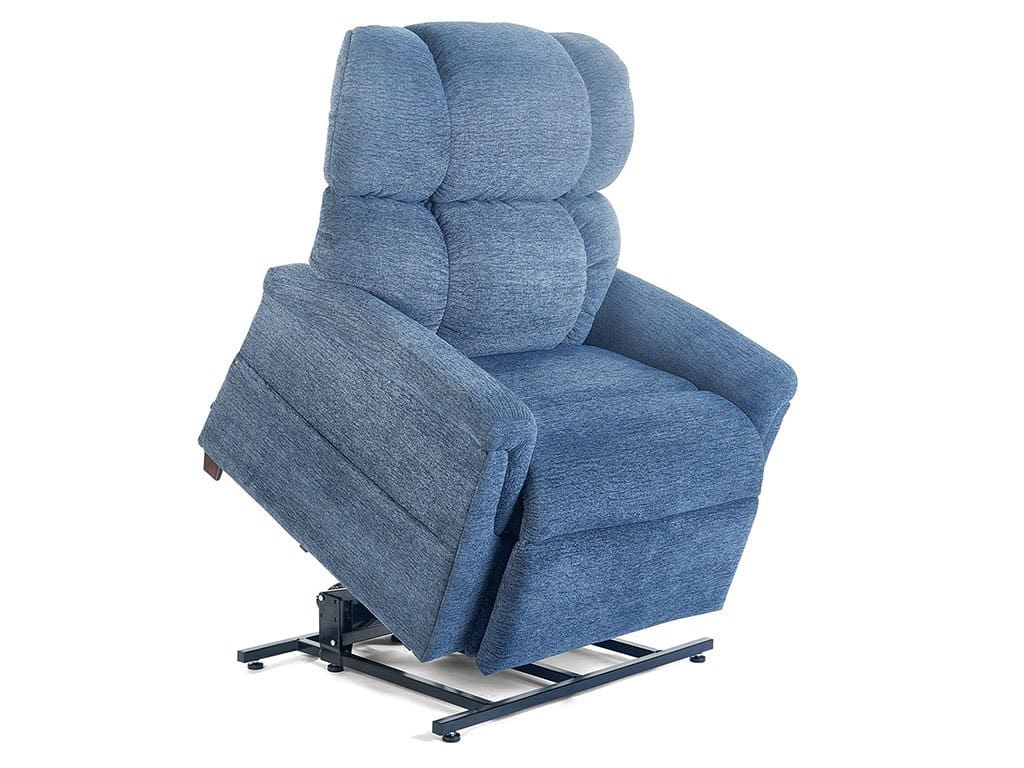 The Comforter with MaxiComfort Medium/Wide Lift Chair by Golden Technologies is shown in blue, partially raised, with a padded backrest, seat, armrests, and a multi-position metal lift mechanism for optimal comfort. The Comforter with MaxiComfort Medium/Wide Lift Chair by Golden Technologies is shown in blue, partially raised, with a padded backrest, seat, armrests, and a multi-position metal lift mechanism for optimal comfort.