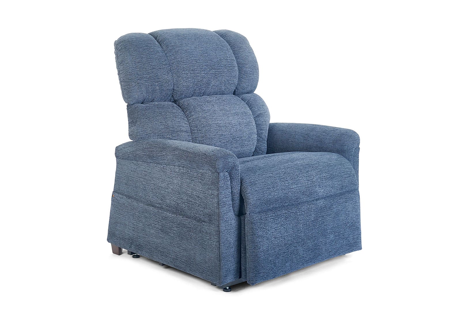 A plush blue Comforter with MaxiComfort Medium/Wide Lift Chair by Golden Technologies, featuring padded armrests and a high cushioned backrest, shown against a white background. A plush blue Comforter with MaxiComfort Medium/Wide Lift Chair by Golden Technologies, featuring padded armrests and a high cushioned backrest, shown against a white background.