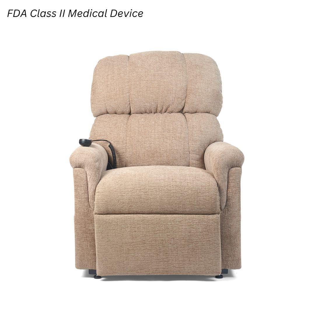 A beige Comforter with MaxiComfort Petite Small Lift Chair by Golden Technologies features upholstery and a left-arm remote, displayed on a white background. Text in the corner: FDA Class II Medical Device.