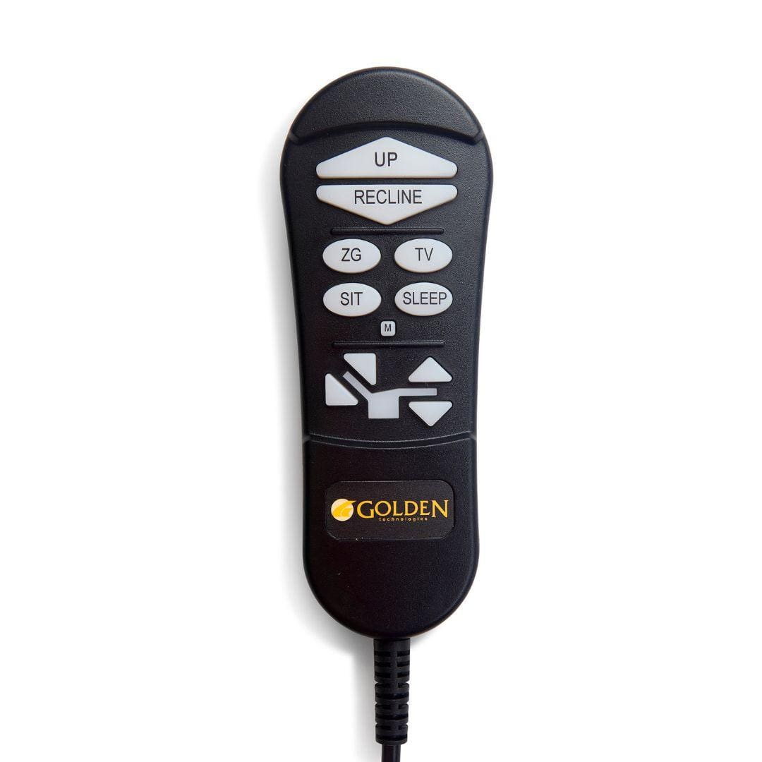 A black remote with white and gray buttons labeled Up, Recline, ZG, TV, Sit, Sleep, and arrows is designed for the Comforter with MaxiComfort Petite Small Lift Chair by Golden Technologies. The logo appears at the bottom.