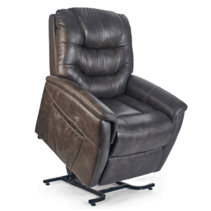 The Dione Large - Lift Chair by Golden Technologies is a dark brown leather power recliner with padded cushions, side storage pocket, and a lift mechanism that raises the seat forward to help you stand.