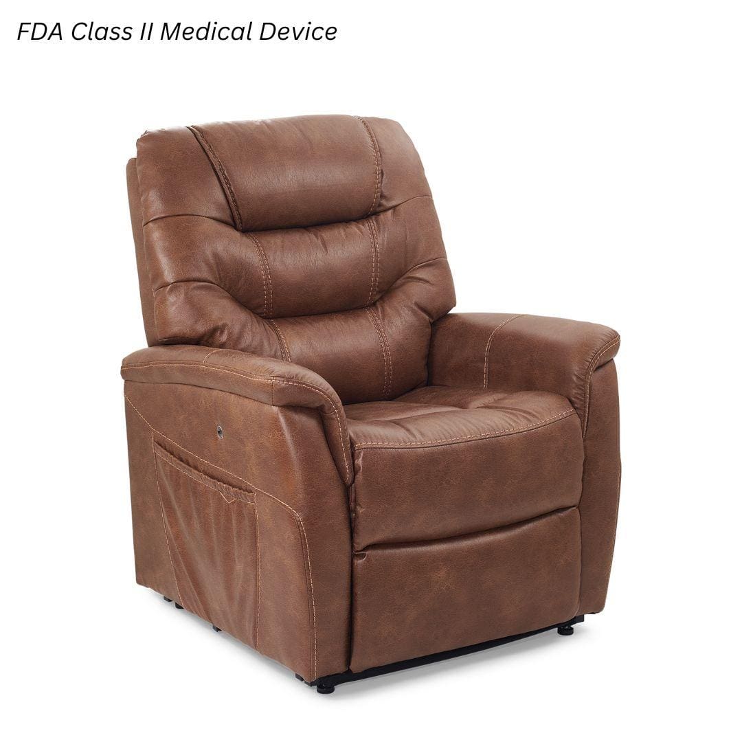 The Dione Medium - Lift Chair by Golden Technologies is a brown leather power recliner with padded armrests, backrest, and side pocket. Text in the top left corner reads FDA Class II Medical Device. The Dione Medium - Lift Chair by Golden Technologies is a brown leather power recliner with padded armrests, backrest, and side pocket. Text in the top left corner reads FDA Class II Medical Device.
