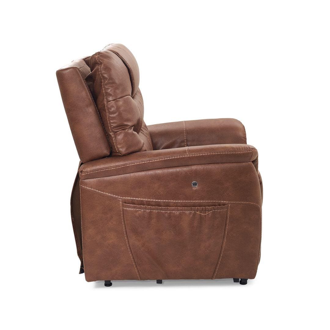 Side view of the Dione Medium - Lift Chair by Golden Technologies in brown leather, featuring a cushioned back and seat, visible side pocket, and stitching details, isolated on a white background. Side view of the Dione Medium - Lift Chair by Golden Technologies in brown leather, featuring a cushioned back and seat, visible side pocket, and stitching details, isolated on a white background.