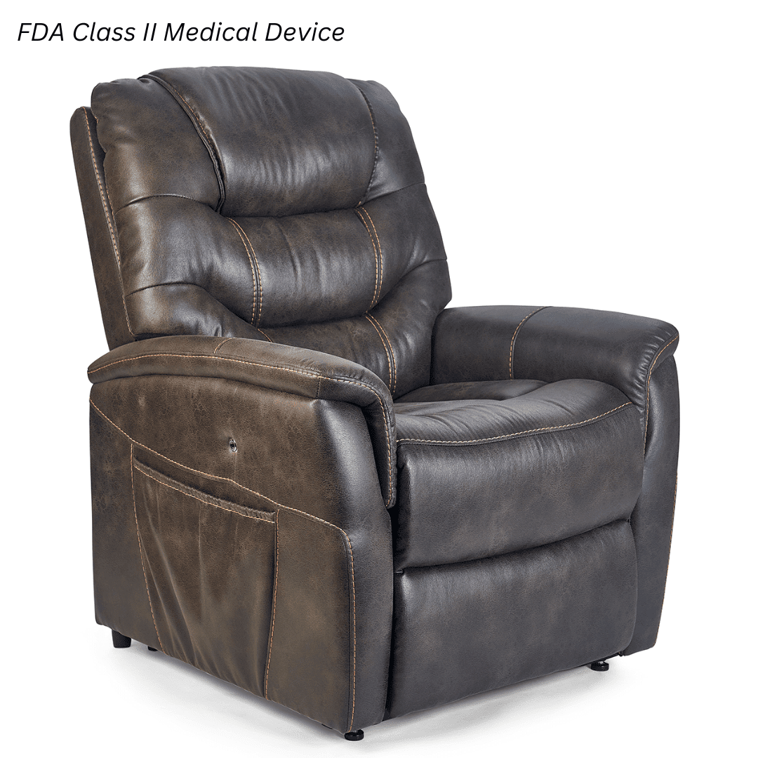 The Dione Medium - Lift Chair by Golden Technologies is a dark brown, leather-like recliner with visible stitching, side pocket, plush cushions, and is labeled as an FDA Class II Medical Device in the upper left. The Dione Medium - Lift Chair by Golden Technologies is a dark brown, leather-like recliner with visible stitching, side pocket, plush cushions, and is labeled as an FDA Class II Medical Device in the upper left.