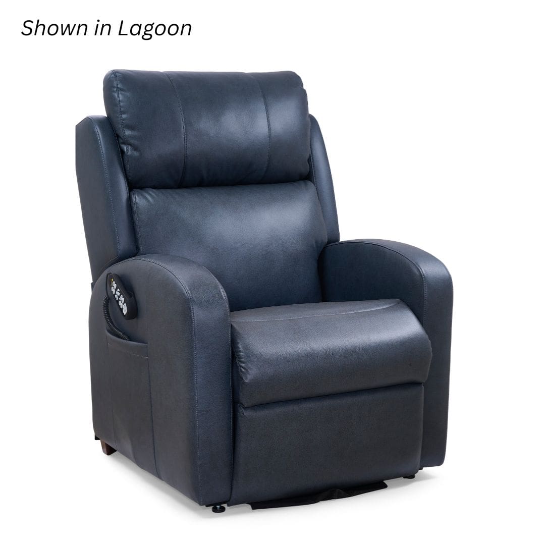 A Lagoon-colored EZ Sleeper Slim Lift Chair by Golden Technologies features padded armrests, a supportive backrest, and right-arm control buttons. “Shown in Lagoon” appears at the top left. A Lagoon-colored EZ Sleeper Slim Lift Chair by Golden Technologies features padded armrests, a supportive backrest, and right-arm control buttons. “Shown in Lagoon” appears at the top left.