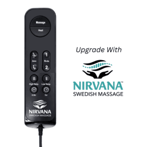 A black remote for the EZ Sleeper Slim Lift Chair by Golden Technologies features massage, heat, zone, mode, temperature, and timer buttons. Text reads "Upgrade With Nirvana Swedish Massage" next to a hands-and-waves logo.