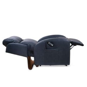 Side view of the EZ Sleeper Slim - Lift Chair by Golden Technologies, fully reclined as a power chair, featuring padded headrest, seat, leg support, and a control remote stored in the side pocket.