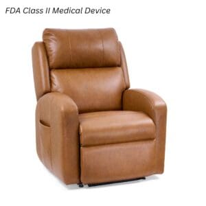 A brown leather power recliner with cushioned back, armrests, and footrest. Text in the top left says, “FDA Class II Medical Device, EZ Sleeper Slim with Twilight - Lift Chair by Golden Technologies.”.