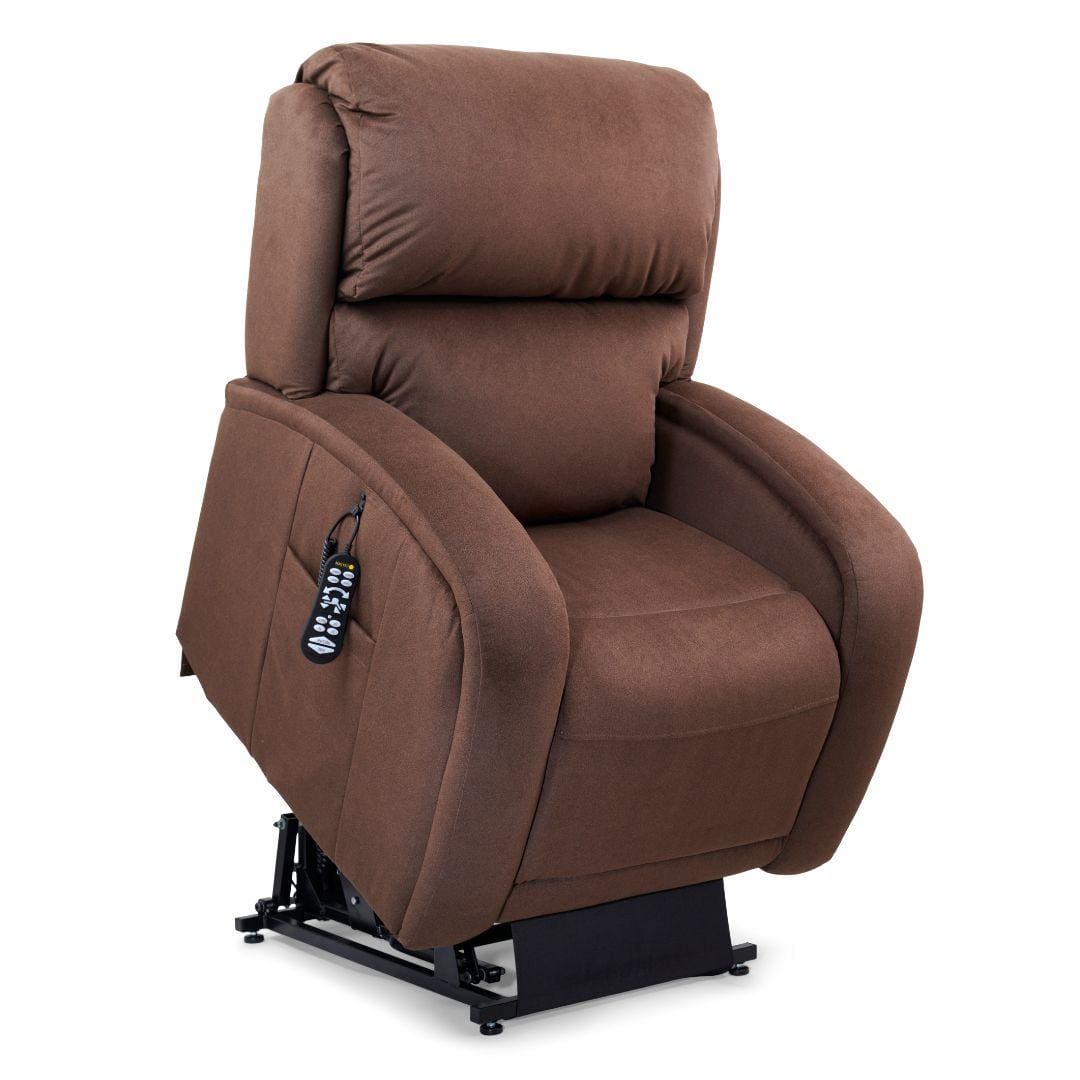 The EZ Sleeper with Twilight Medium/Large Lift Chair by Golden Technologies features padded armrests, electronic adjustment via side-attached remote control, and lifts partially for comfort and accessibility.