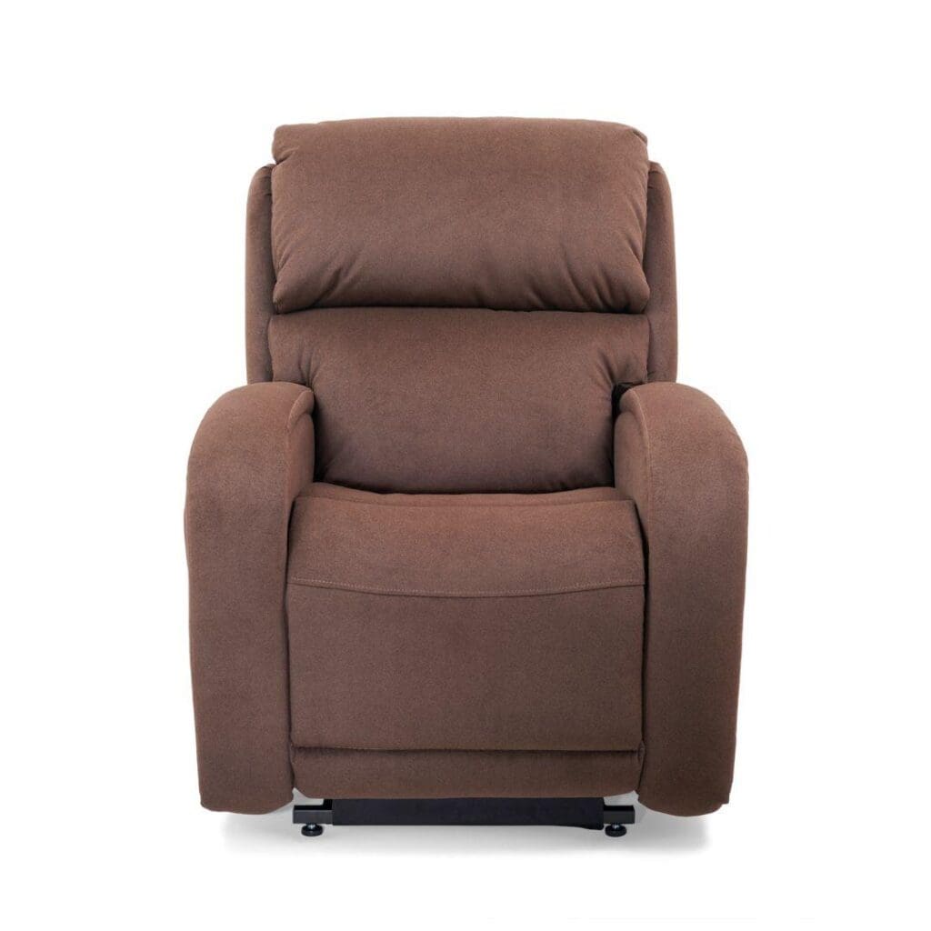 The EZ Sleeper with Twilight Medium/Large Lift Chair by Golden Technologies, shown against a plain white background, features plush brown upholstery, padded armrests, a cushioned backrest, and multi-position lift functionality for adjustable comfort.