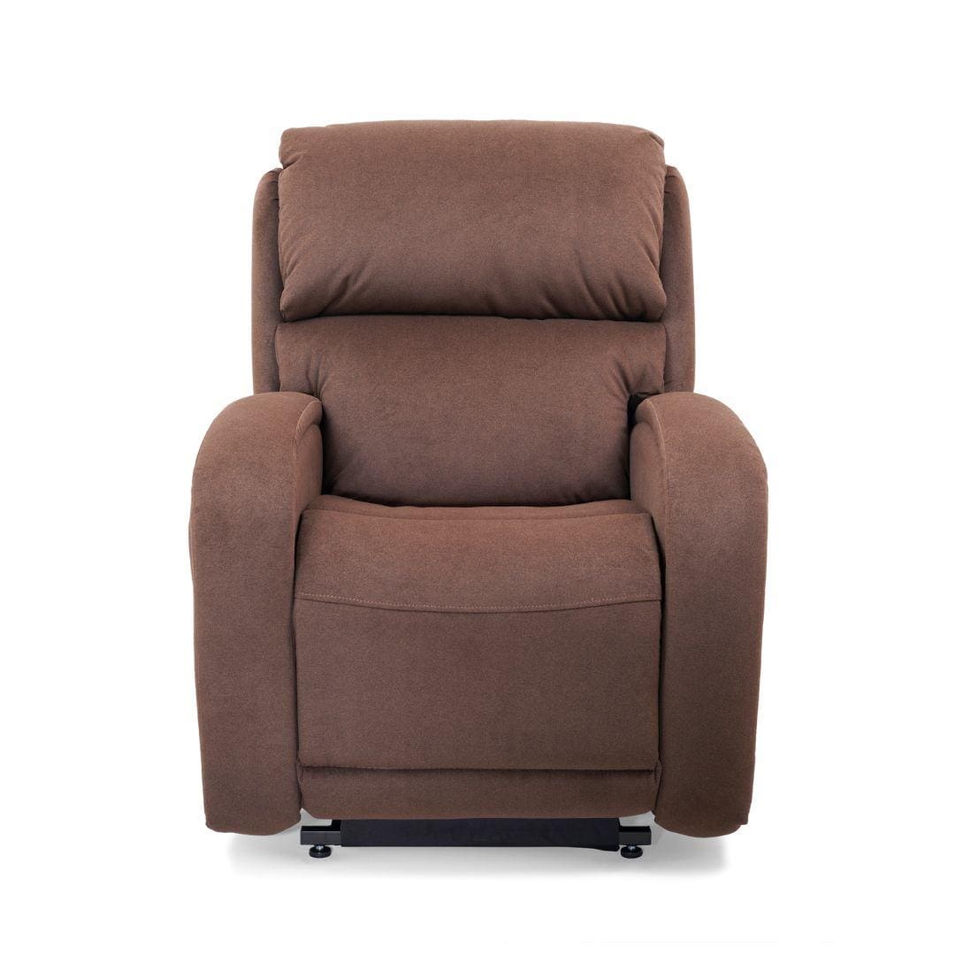The EZ Sleeper with Twilight Medium/Large Lift Chair by Golden Technologies, shown against a plain white background, features plush brown upholstery, padded armrests, a cushioned backrest, and multi-position lift functionality for adjustable comfort.