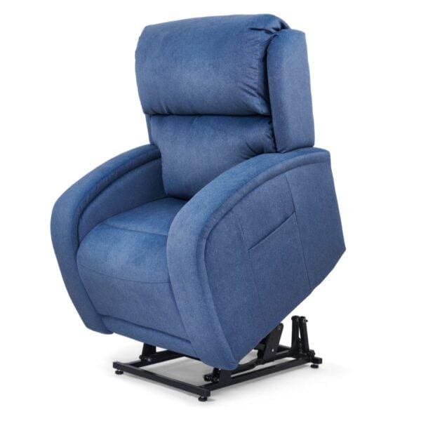 The EZ Sleeper with Twilight Medium/Large Lift Chair by Golden Technologies is a blue upholstered recliner with padded armrests and backrest, shown partially lifted on a black base, designed to assist standing for adjustable comfort.