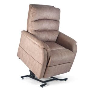 The Elara Medium Small Lift Chair by Golden Technologies in tan fabric features plush cushions and armrests, shown raised with its black metal lift mechanism visible at the base.