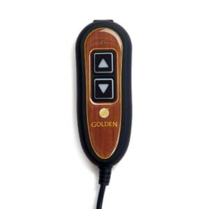 The Golden Technologies Elara Medium Small Lift Chair remote features a woodgrain design, two black arrow buttons (up/down), the GOLDEN name with a leaf logo, and a black cord extending from the bottom.