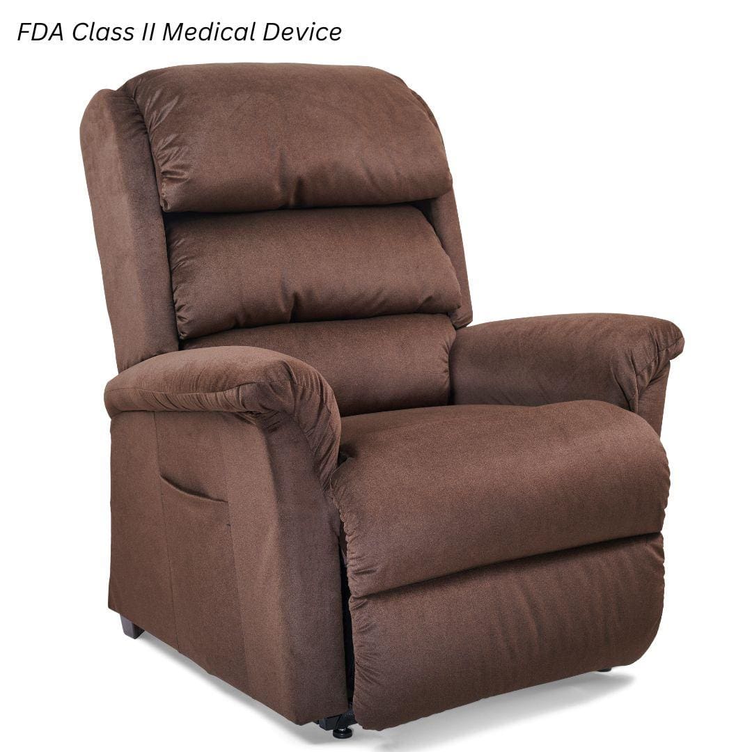 A plush, brown Relaxer Large - Lift Chair by Golden Technologies features padded armrests and backrest, with an FDA Class II Medical Device label in the top left corner. A plush, brown Relaxer Large - Lift Chair by Golden Technologies features padded armrests and backrest, with an FDA Class II Medical Device label in the top left corner.