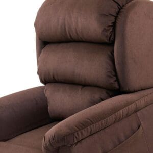 A close-up of the Relaxer Large - Lift Chair by Golden Technologies, showcasing its brown upholstery, soft padded armrests, and thick segmented backrest for enhanced comfort.