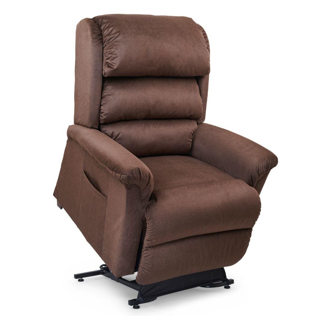 The Relaxer Large - Lift Chair by Golden Technologies is a brown upholstered power recliner with padded armrests, cushioned backrest, and side pocket, shown partially raised—perfect as a heavy-duty lift chair for comfort and support. The Relaxer Large - Lift Chair by Golden Technologies is a brown upholstered power recliner with padded armrests, cushioned backrest, and side pocket, shown partially raised—perfect as a heavy-duty lift chair for comfort and support.