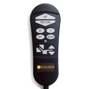 A black remote control with white buttons (UP, RECLINE, ZG, TV, SIT, SLEEP, arrows, and M) for the Relaxer Large - Lift Chair by Golden Technologies. Features the brand's logo at the bottom.