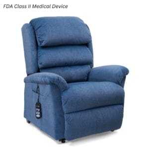 The Relaxer Medium - Lift Chair by Golden Technologies is a blue upholstered recliner with padded armrests and backrest, plus a side-attached remote. Text in the corner: FDA Class II Medical Device.