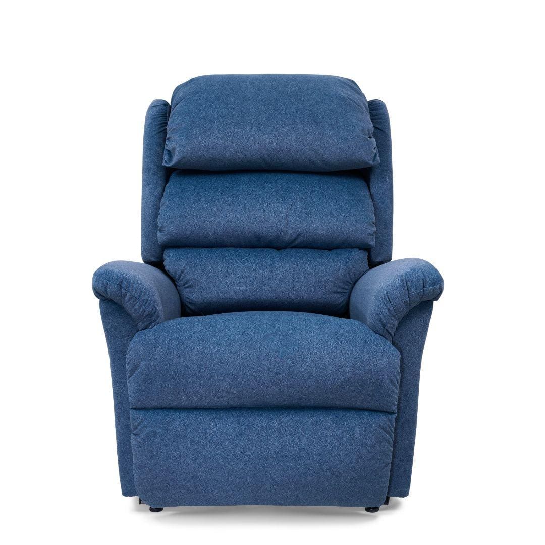 A front-facing Relaxer Medium - Lift Chair by Golden Technologies, plush and blue with thick cushioned backrest, armrests, and seat, shown on a white background. A front-facing Relaxer Medium - Lift Chair by Golden Technologies, plush and blue with thick cushioned backrest, armrests, and seat, shown on a white background.