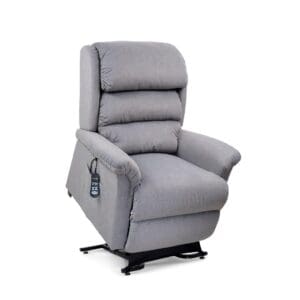 The Relaxer Small - Lift Chair by Golden Technologies is a gray power recliner with a high cushioned back, padded armrests, and an attached remote for easy electronic adjustment and enhanced comfort.