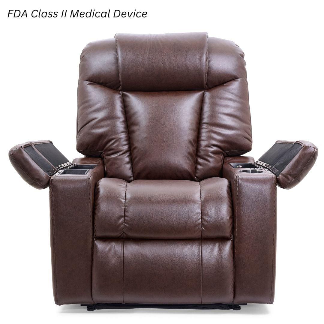 The Rhea Large Lift Chair by Golden Technologies is a brown leather, heavy-duty recliner with plush cushions, armrests featuring built-in compartments, and an FDA Class II Medical Device label in the top left corner. The Rhea Large Lift Chair by Golden Technologies is a brown leather, heavy-duty recliner with plush cushions, armrests featuring built-in compartments, and an FDA Class II Medical Device label in the top left corner.