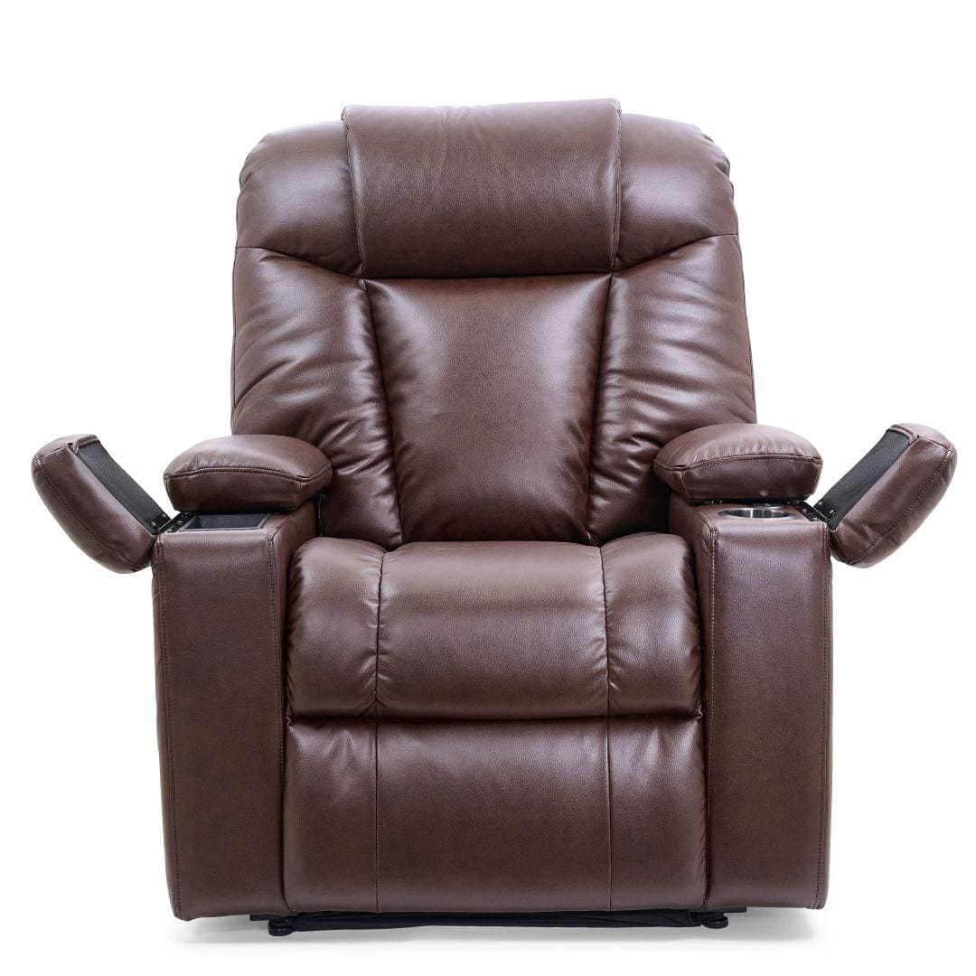 The Rhea Large Lift Chair by Golden Technologies features thick brown leather cushioning, two wide storage armrests, and a high backrest, shown facing forward against a white background. The Rhea Large Lift Chair by Golden Technologies features thick brown leather cushioning, two wide storage armrests, and a high backrest, shown facing forward against a white background.