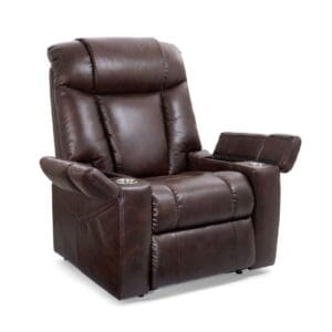 The Rhea Large - Lift Chair by Golden Technologies features dark brown leather, padded armrests, a high back, cup holders, and a lift-up armrest with a storage compartment for added convenience.