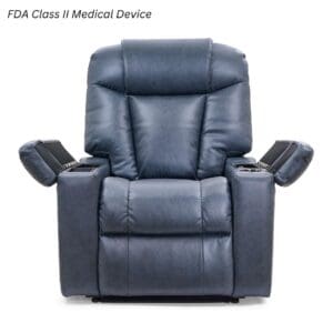A dark blue Rhea Medium - Lift Chair by Golden Technologies has both armrests open to show storage compartments. FDA Class II Medical Device is displayed in the top left corner.