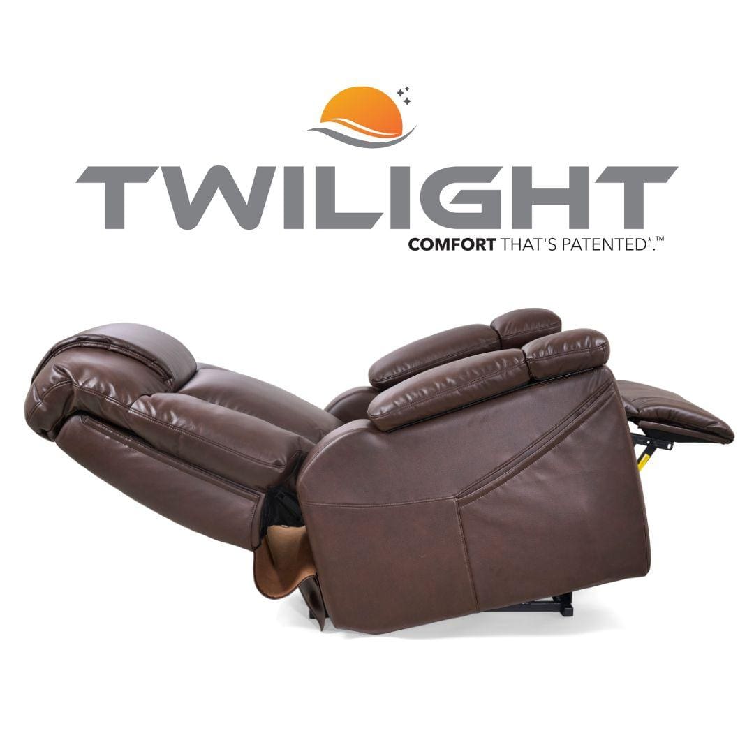 A brown leather Rhea with Twilight & Nirvana Large Lift Chair by Golden Technologies is fully extended in side view. Above is the TWILIGHT logo with an orange sun and wave, plus the tagline "Comfort that’s patented. A brown leather Rhea with Twilight & Nirvana Large Lift Chair by Golden Technologies is fully extended in side view. Above is the TWILIGHT logo with an orange sun and wave, plus the tagline "Comfort that’s patented.