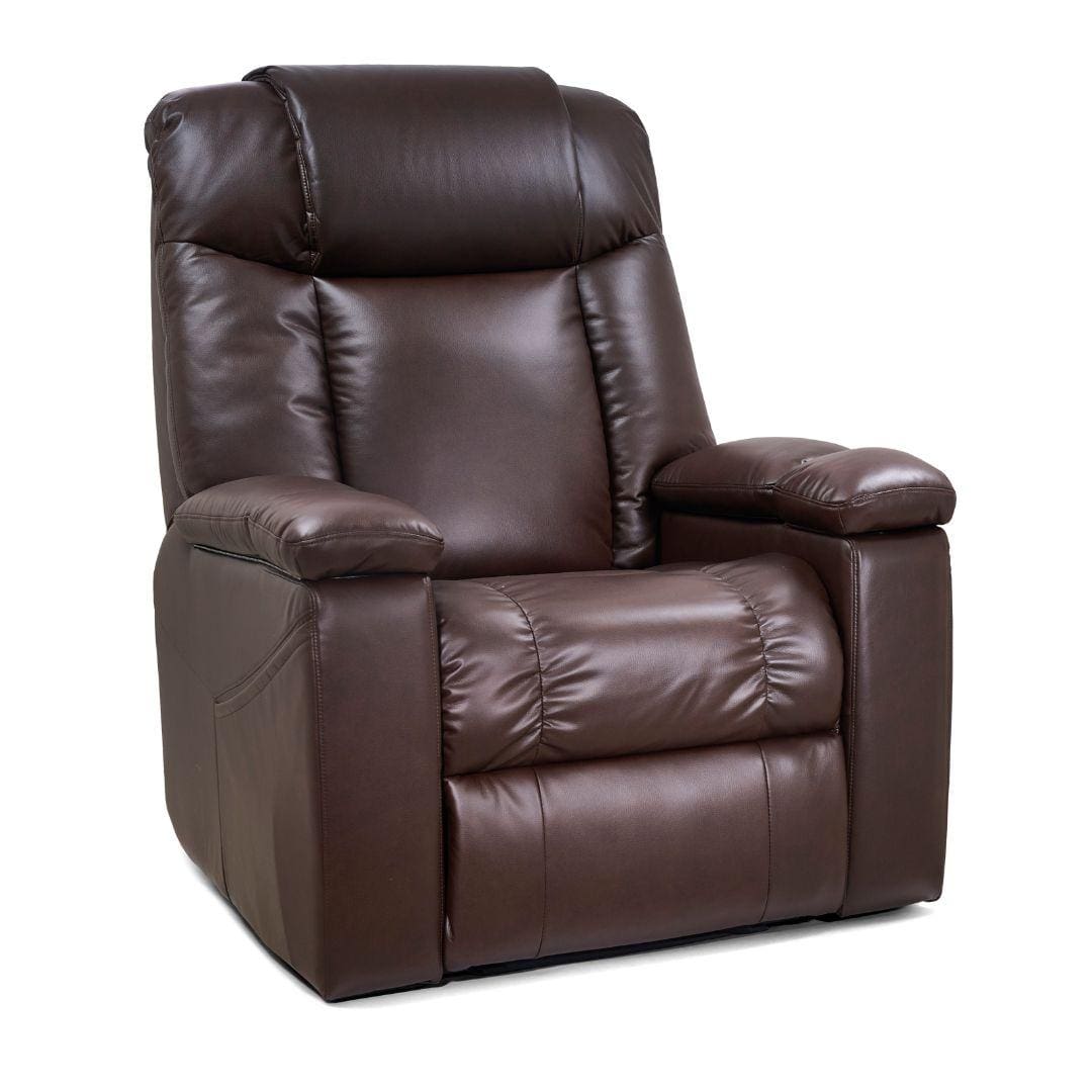 The Rhea with Twilight & Nirvana Large - Lift Chair by Golden Technologies features dark brown leather upholstery, plush padded armrests, seat, and backrest for comfort, displayed against a plain white background. The Rhea with Twilight & Nirvana Large - Lift Chair by Golden Technologies features dark brown leather upholstery, plush padded armrests, seat, and backrest for comfort, displayed against a plain white background.