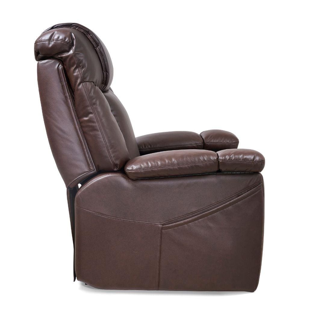 Side view of the Rhea with Twilight & Nirvana Large Lift Chair by Golden Technologies, a dark brown leather recliner featuring padded armrests, cushioned seat, and tall backrest—ideal for seniors. Shown against a white background. Side view of the Rhea with Twilight & Nirvana Large Lift Chair by Golden Technologies, a dark brown leather recliner featuring padded armrests, cushioned seat, and tall backrest—ideal for seniors. Shown against a white background.