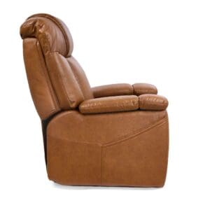 The Rhea with Twilight & Nirvana Medium Lift Chair by Golden Technologies is shown from the side in brown leather, featuring plush padded seat, backrest, and armrests with a modern, smooth design.