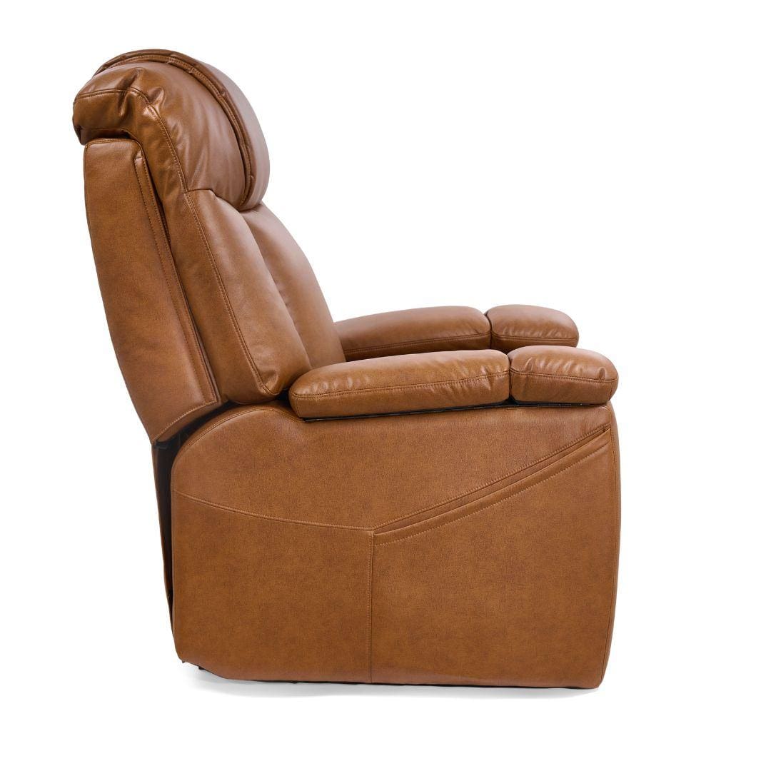The Rhea with Twilight & Nirvana Medium Lift Chair by Golden Technologies is shown from the side in brown leather, featuring plush padded seat, backrest, and armrests with a modern, smooth design. The Rhea with Twilight & Nirvana Medium Lift Chair by Golden Technologies is shown from the side in brown leather, featuring plush padded seat, backrest, and armrests with a modern, smooth design.
