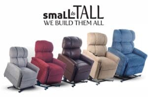 Five Comforter with MaxiComfort Medium/Wide Lift Chairs by Golden Technologies, in different sizes and colors, are lined up from smallest to tallest. Above them, text reads: small to TALL WE BUILD THEM ALL.